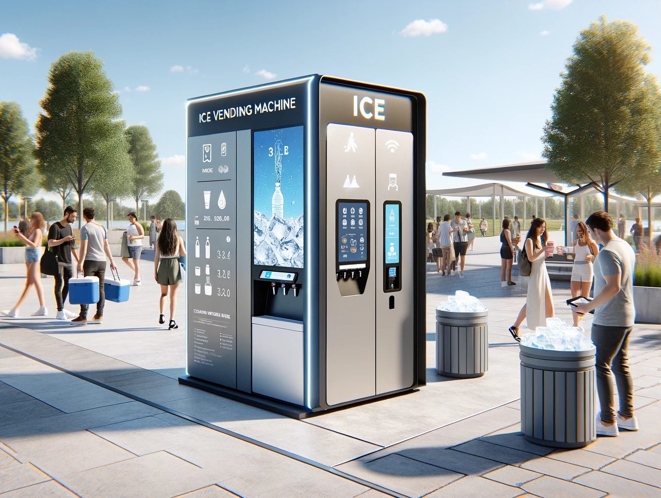 A modern ice vending machine in a high-traffic outdoor location